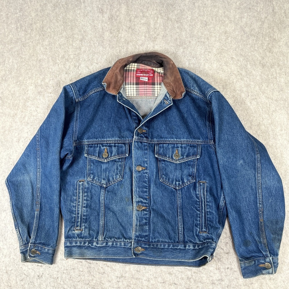 Vintage Marlboro Country Store Jacket Mens Small Blue Denim Leather Collar 90s